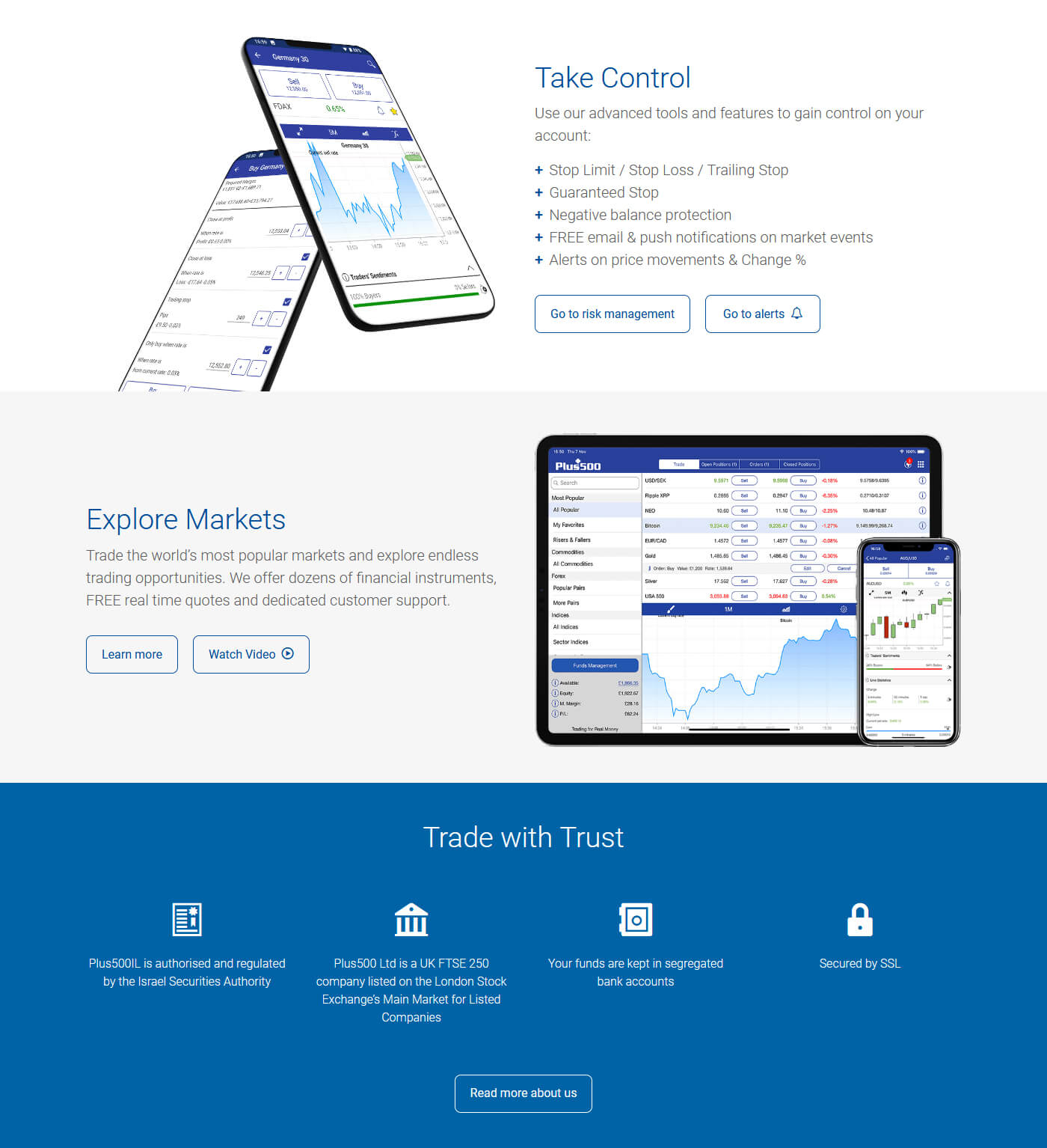 Homepage sections with text, mobile devices and trading platform screenshots