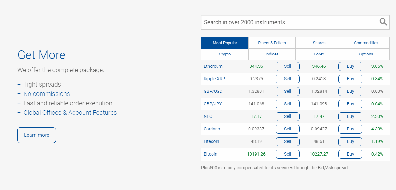 Homepage section - Instruments table and search field